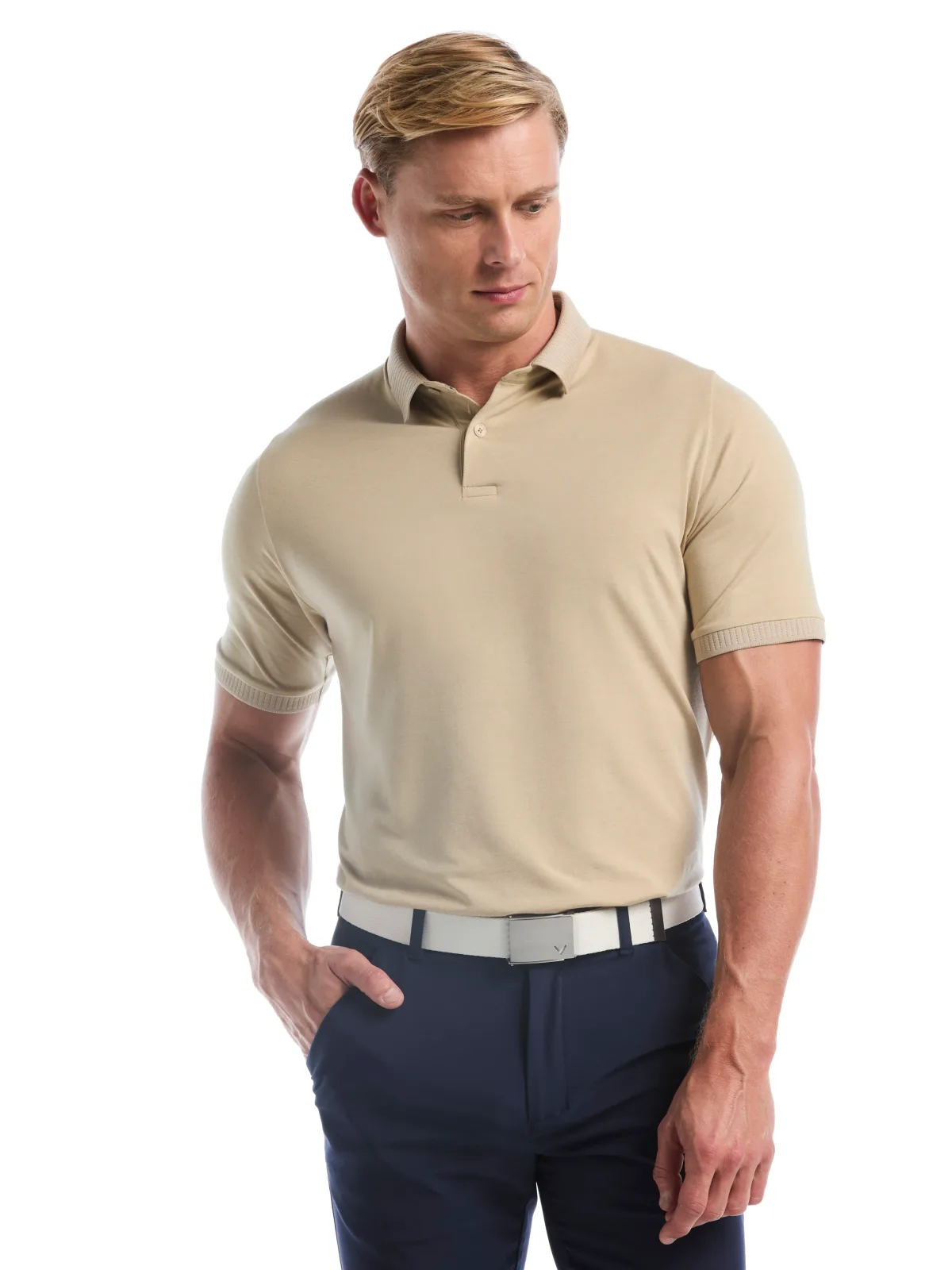 Man wearing the Callaway In The Details Polo in Fields Of Rye heather