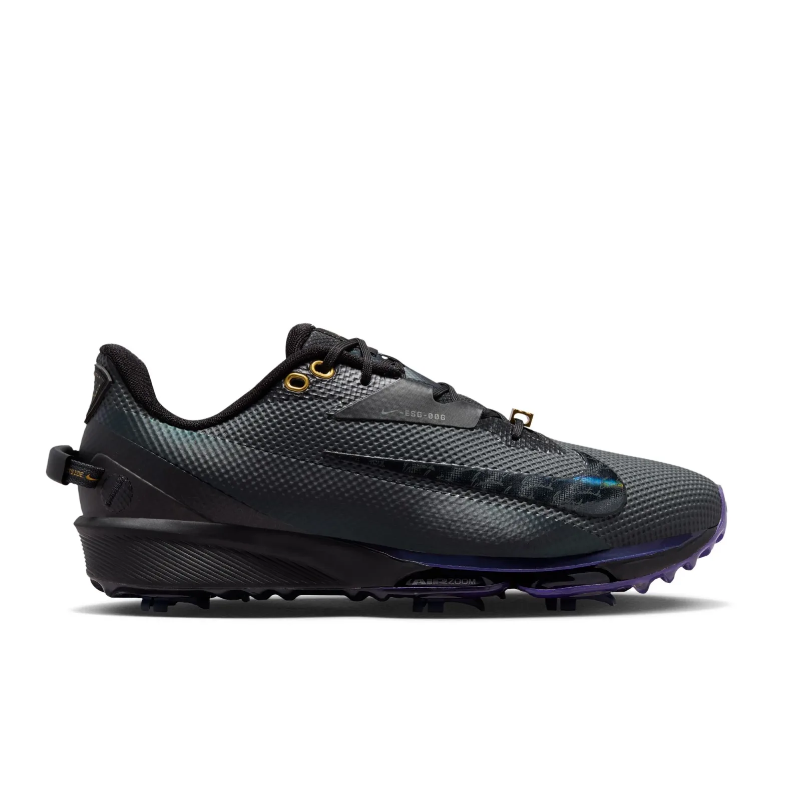 Eastside Golf x Nike NEXT% Tour 3 in black with a purple sole and gold lace details, side view