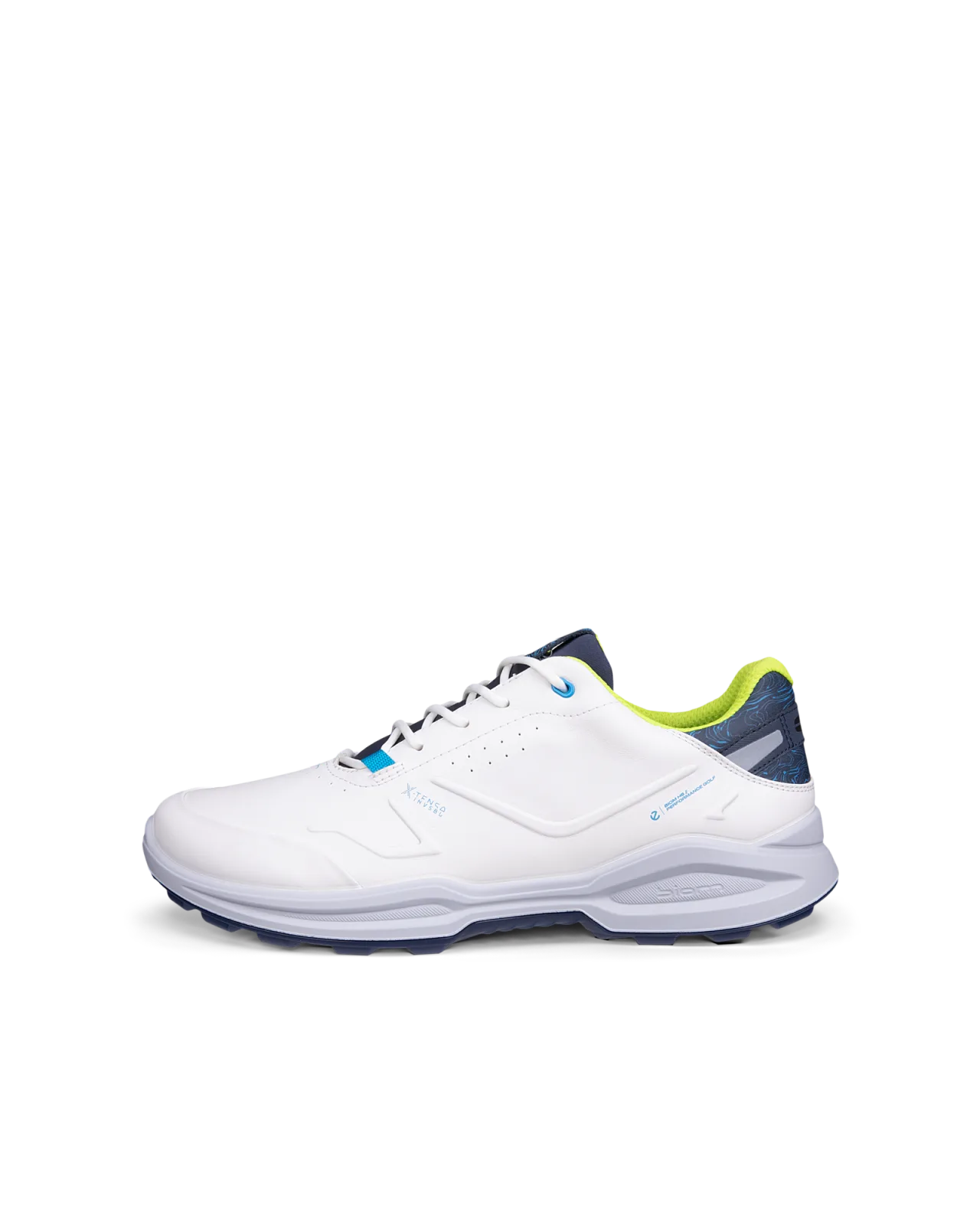 Men's ECCO BIOM H6 lace golf shoe in white with yellow and navy accents
