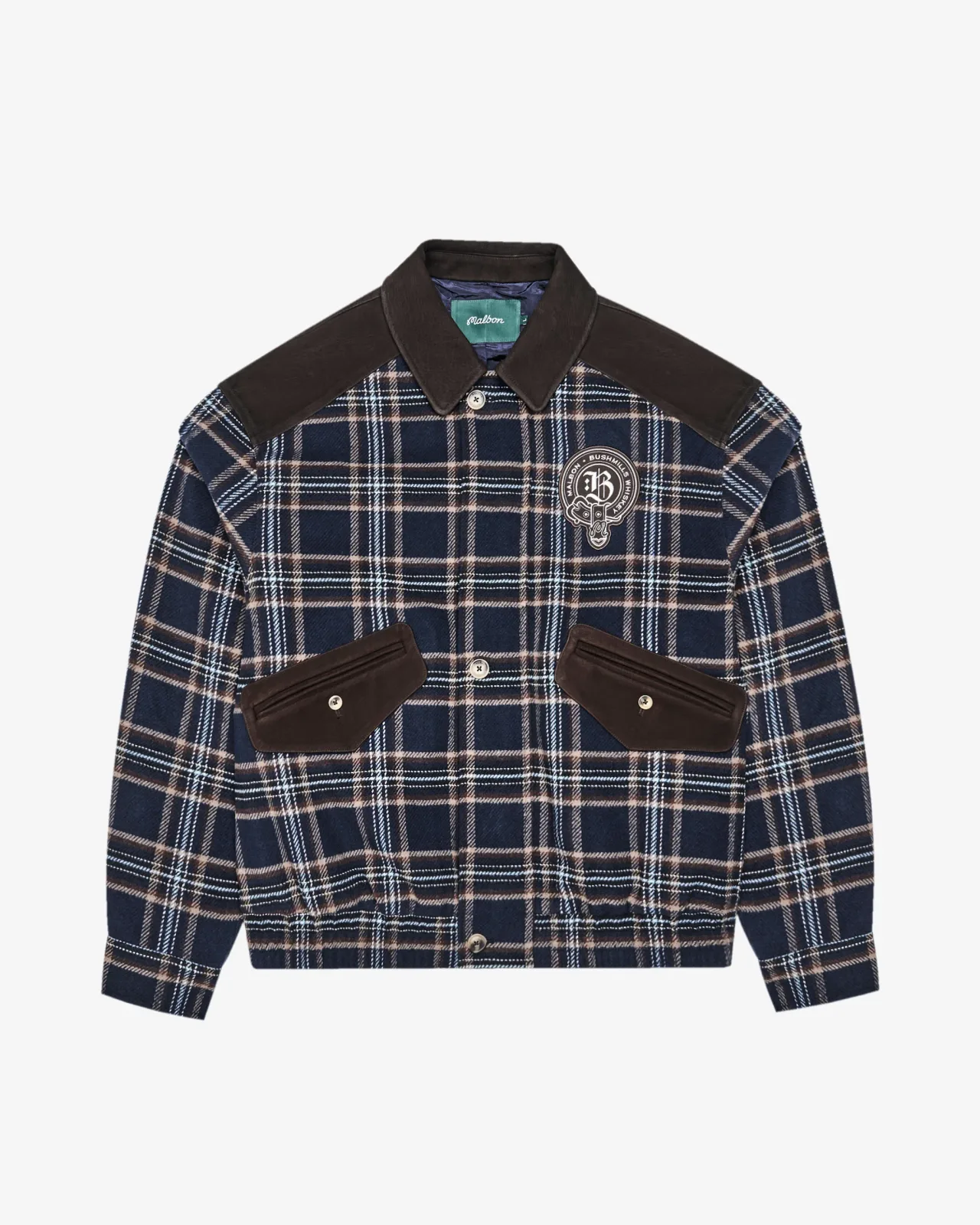 Blue plaid Malbon x Bushmills jacket with dark leather collar and pocket flaps
