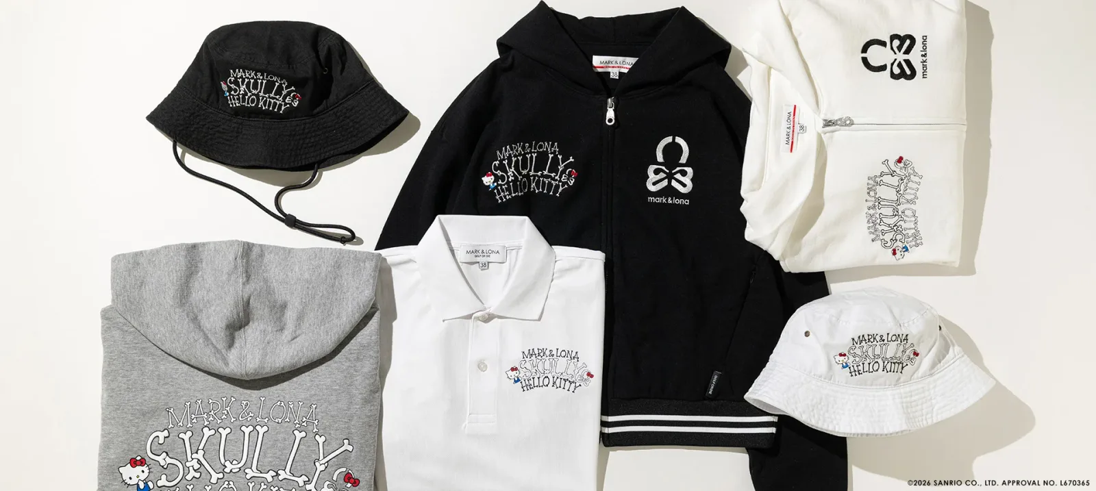 Flat lay of the Hello Kitty collaboration polos, bucket hats and hoodies in black, white and grey